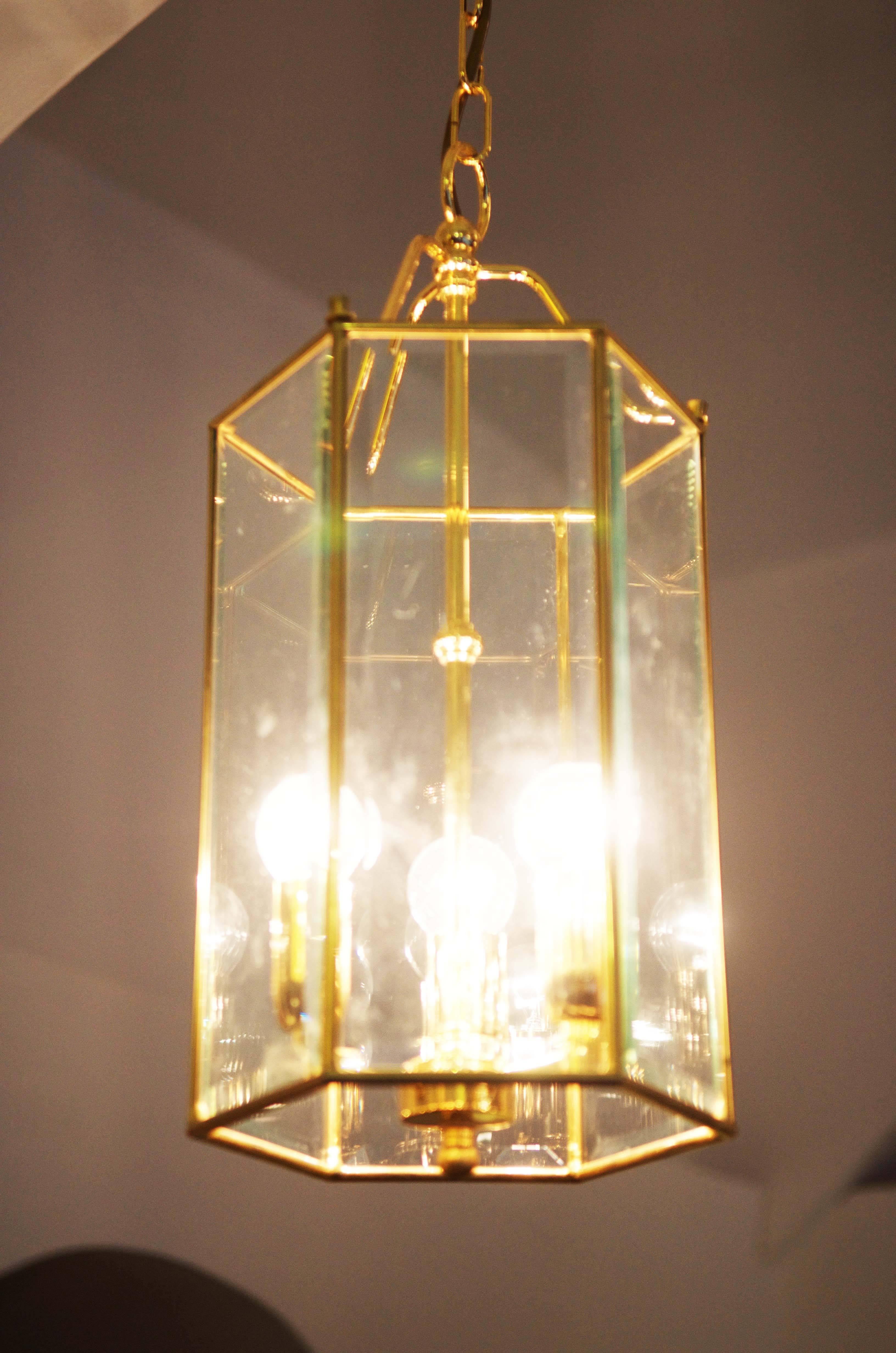 Art Nouveau Brass Faceted Glass Pendant Lantern For Sale
