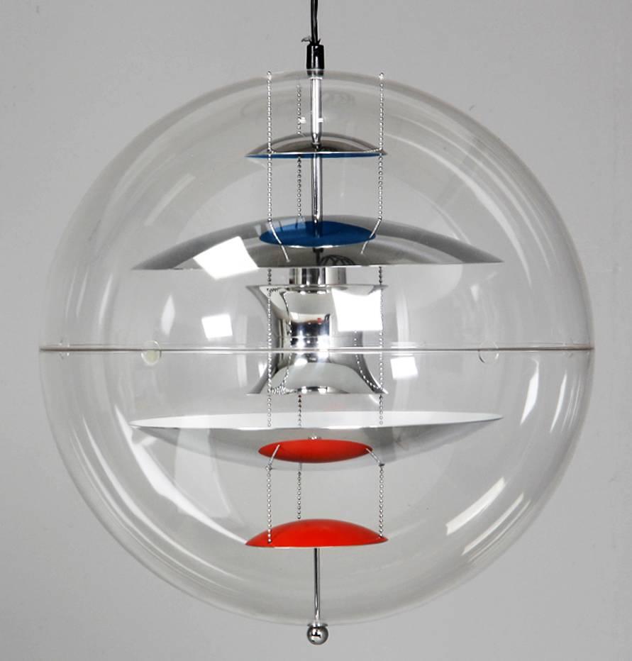 Verner Panton for Louis Poulsen pendant, VP Globe. Painted aluminium screens mounted on plexiglass ball. Designed in 1969, produced by Verpan.
Literature: Verner Panton The samlad Works, reproduced and discussed p 290.