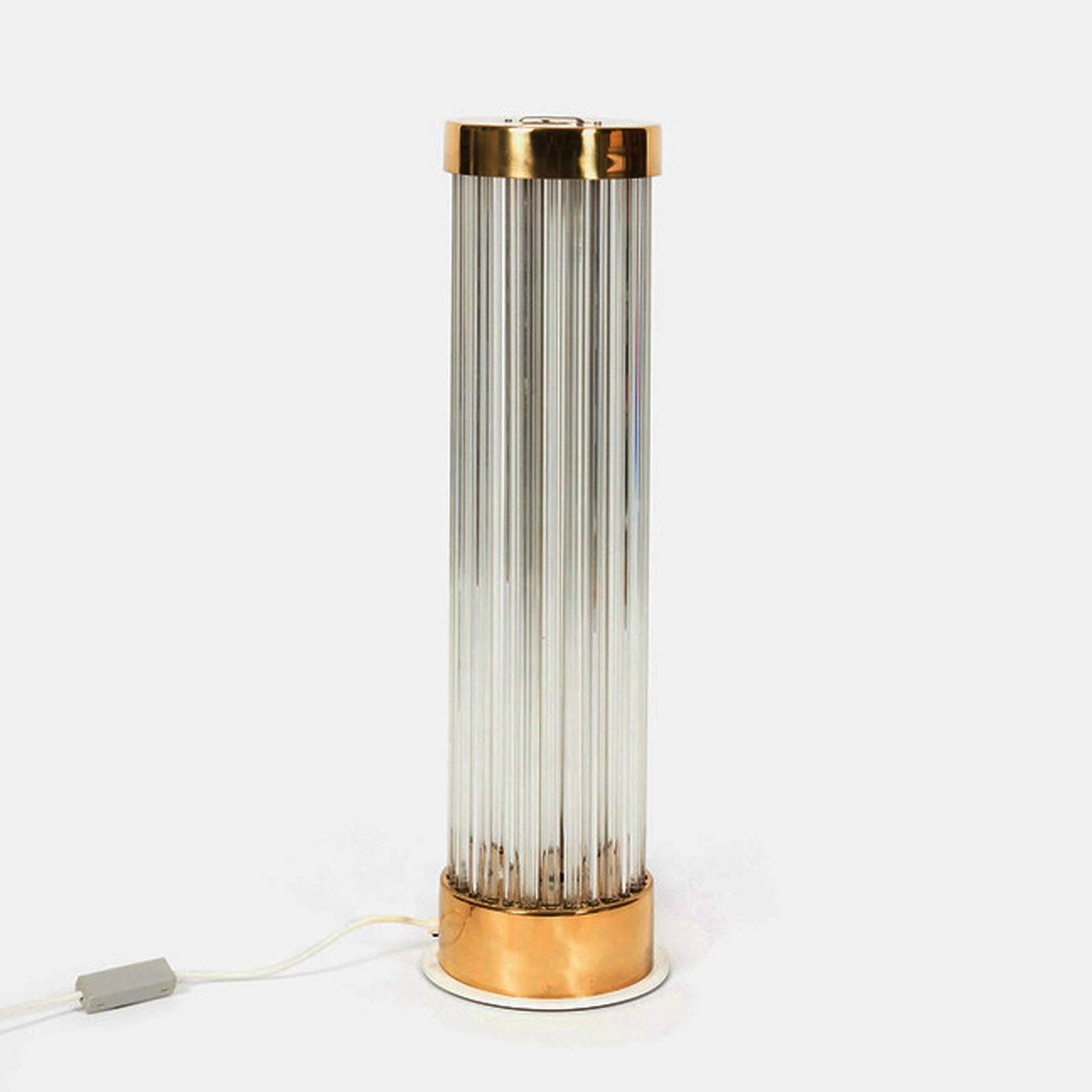 The original floor lamp manufactured in Kamenicky Senov by Preciosa (Czech Rep.). The frame is made from brass and steel covered around with glass rods. 
Powered with a 100cm long tube light (rebuild now to work with LED tubes).
On request up to