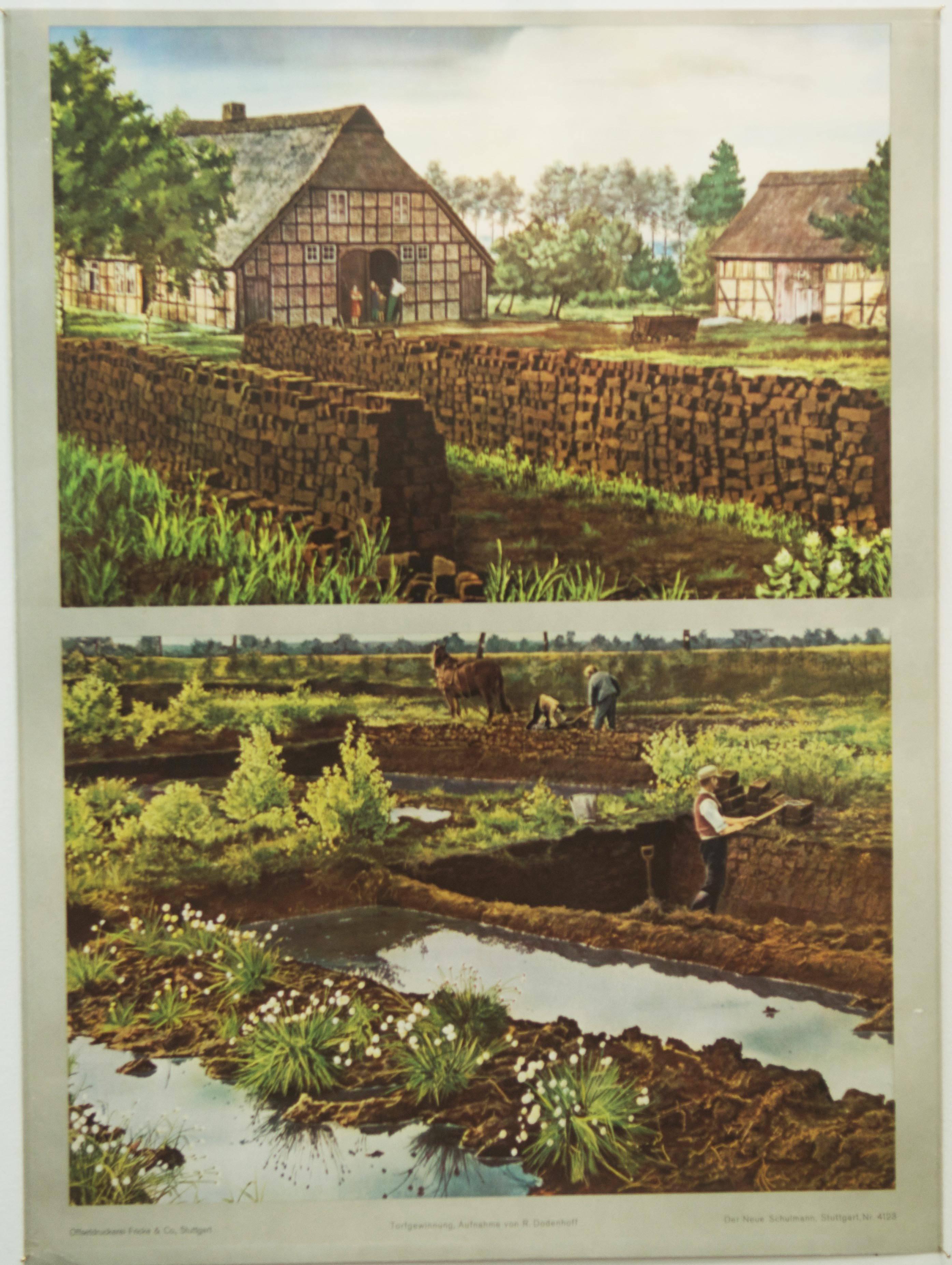 Deutsche Schulkarte im Vintage-Stil, auf der die Torfgewinnung dargestellt ist.
Gedruckt wahrscheinlich in den 1960er Jahren von der 