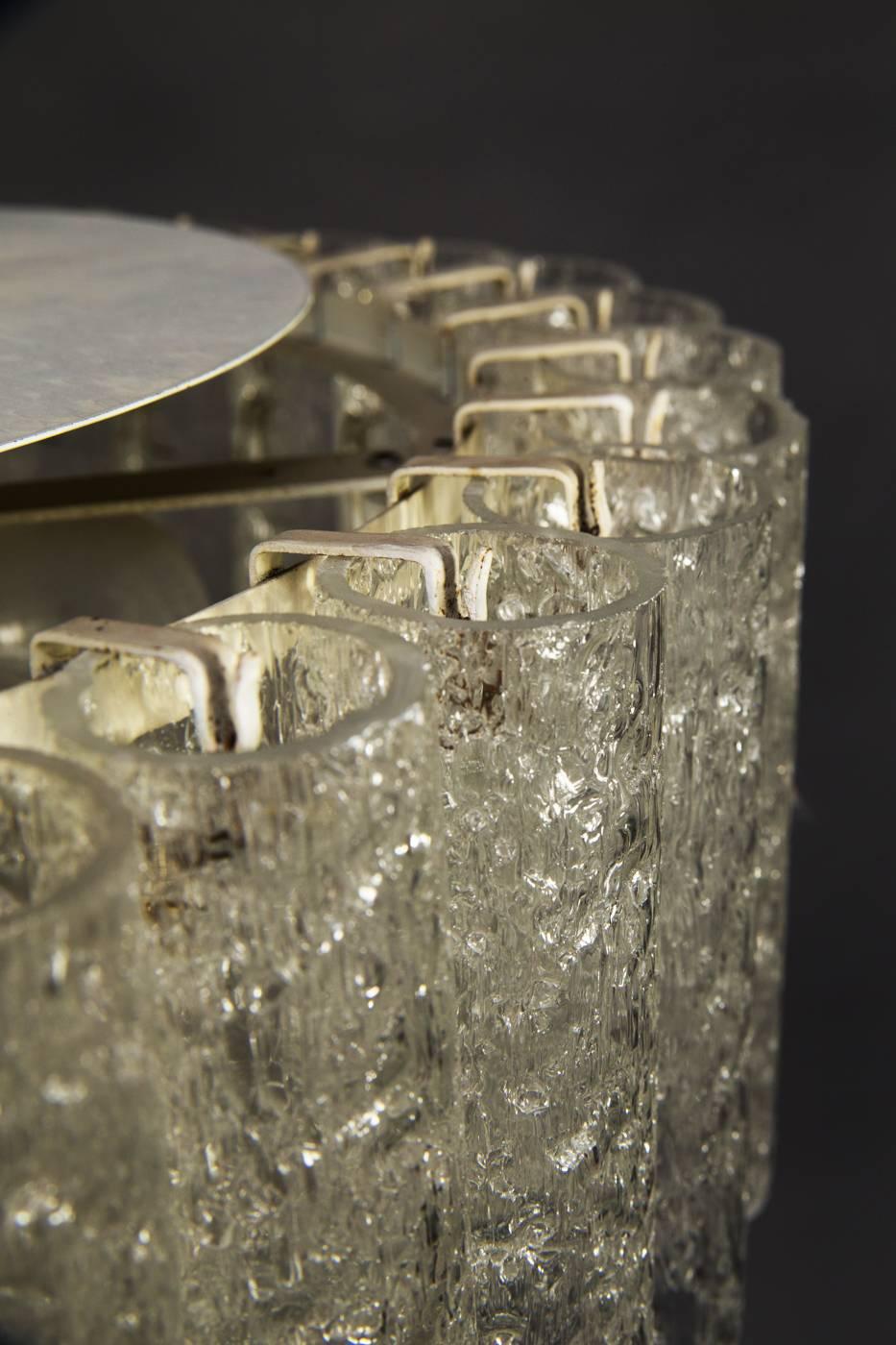 German Large Mid-Century Flush Mount Ice Glass Chandelier by Doria Leuchten