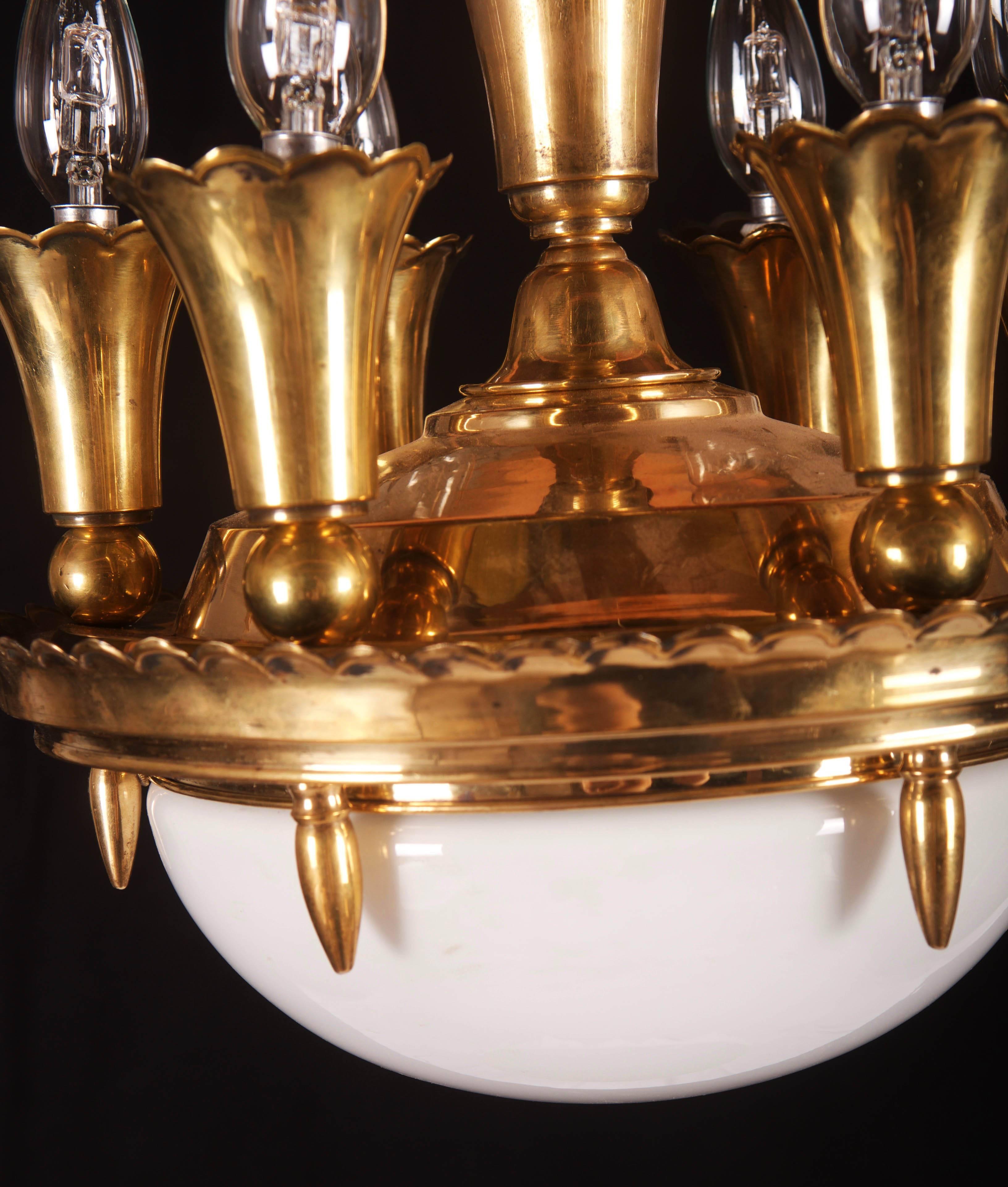 Early 20th Century Art Deco Brass Chandelier For Sale