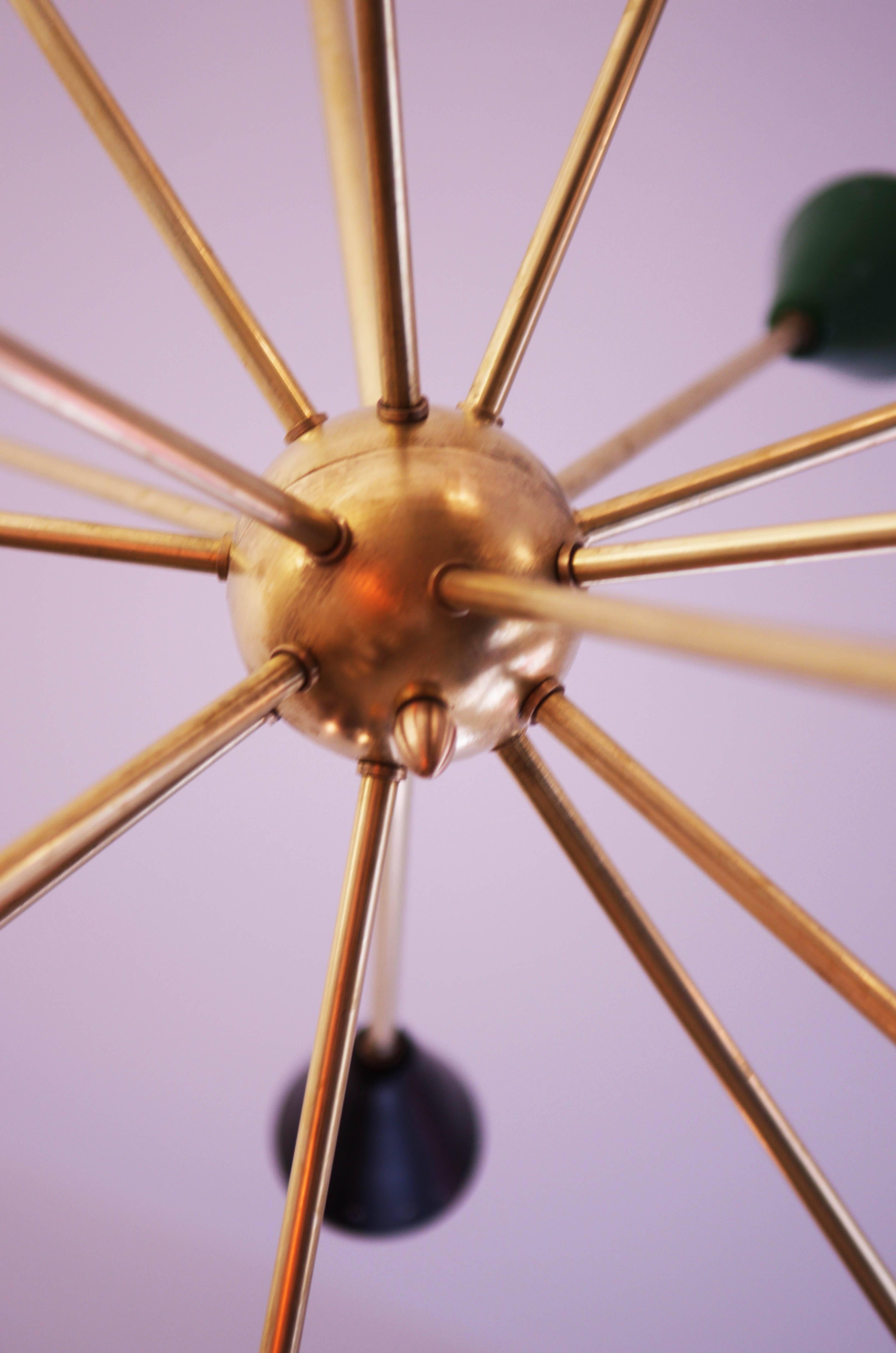 Brass Colorful Sputnik Chandelier in the Style of Stilnovo For Sale