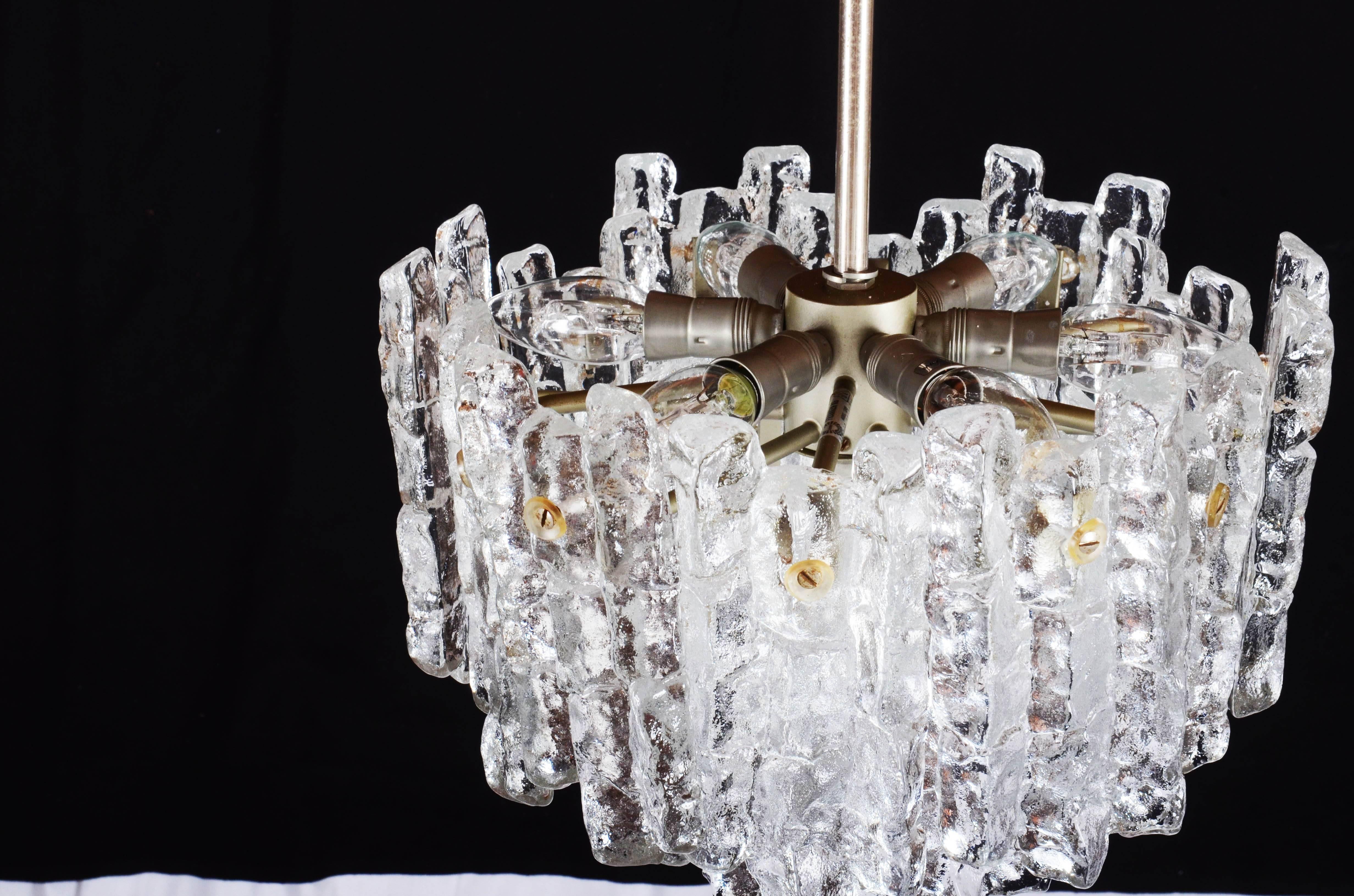 Crystal Beautiful Mid-Century Kalmar Ice Glass Chandelier For Sale