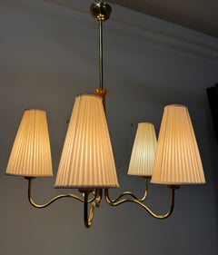 Midcentury Brass/Wooden Chandelier by Rupert Nikoll With Silk Shades