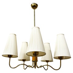 Midcentury Brass/Wooden Chandelier by Rupert Nikoll With Silk Shades