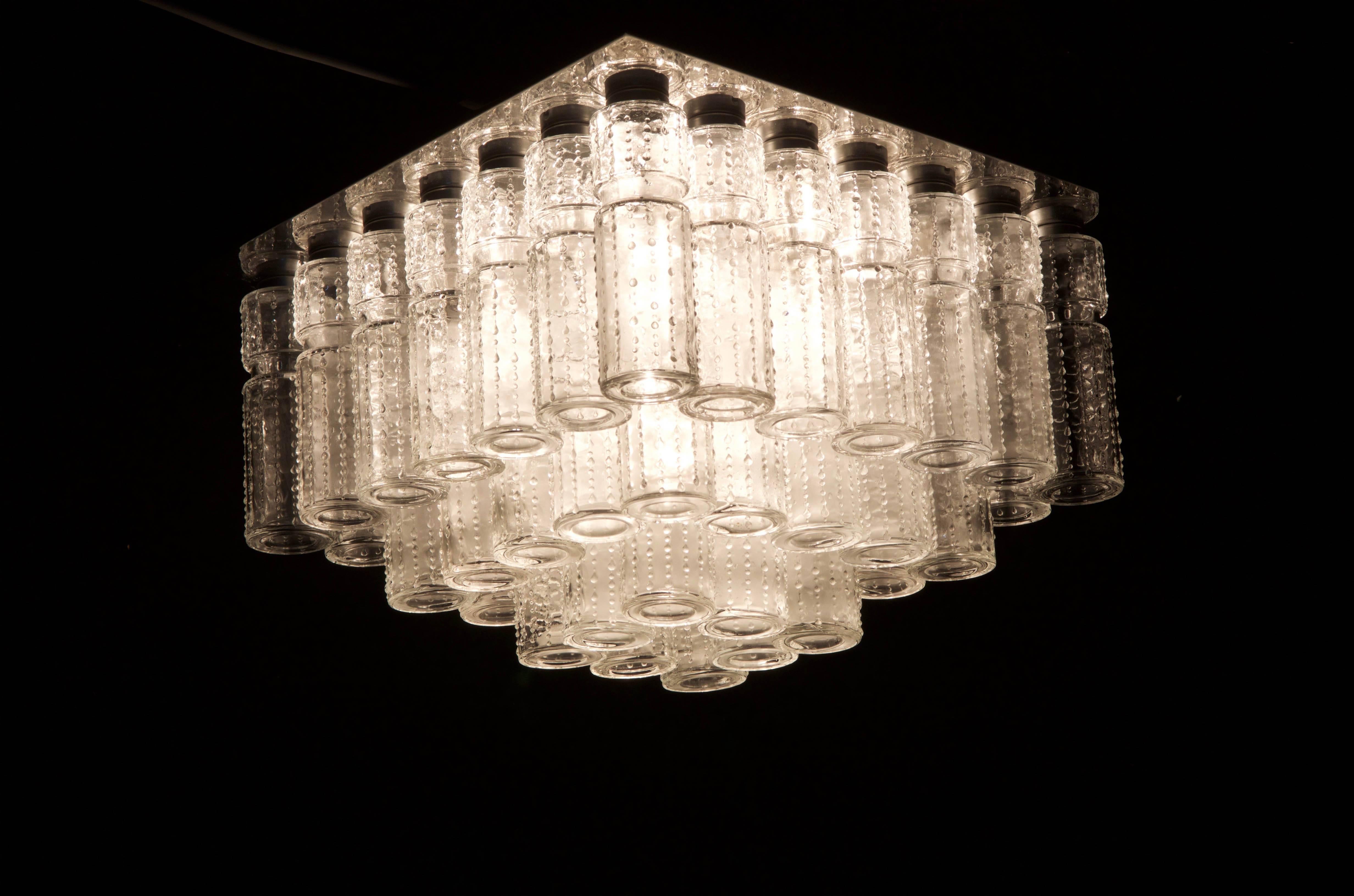 Beautiful Large Vintage Flush Mount Chandelier with Hand Blow Glass Prisms In Excellent Condition For Sale In Vienna, AT