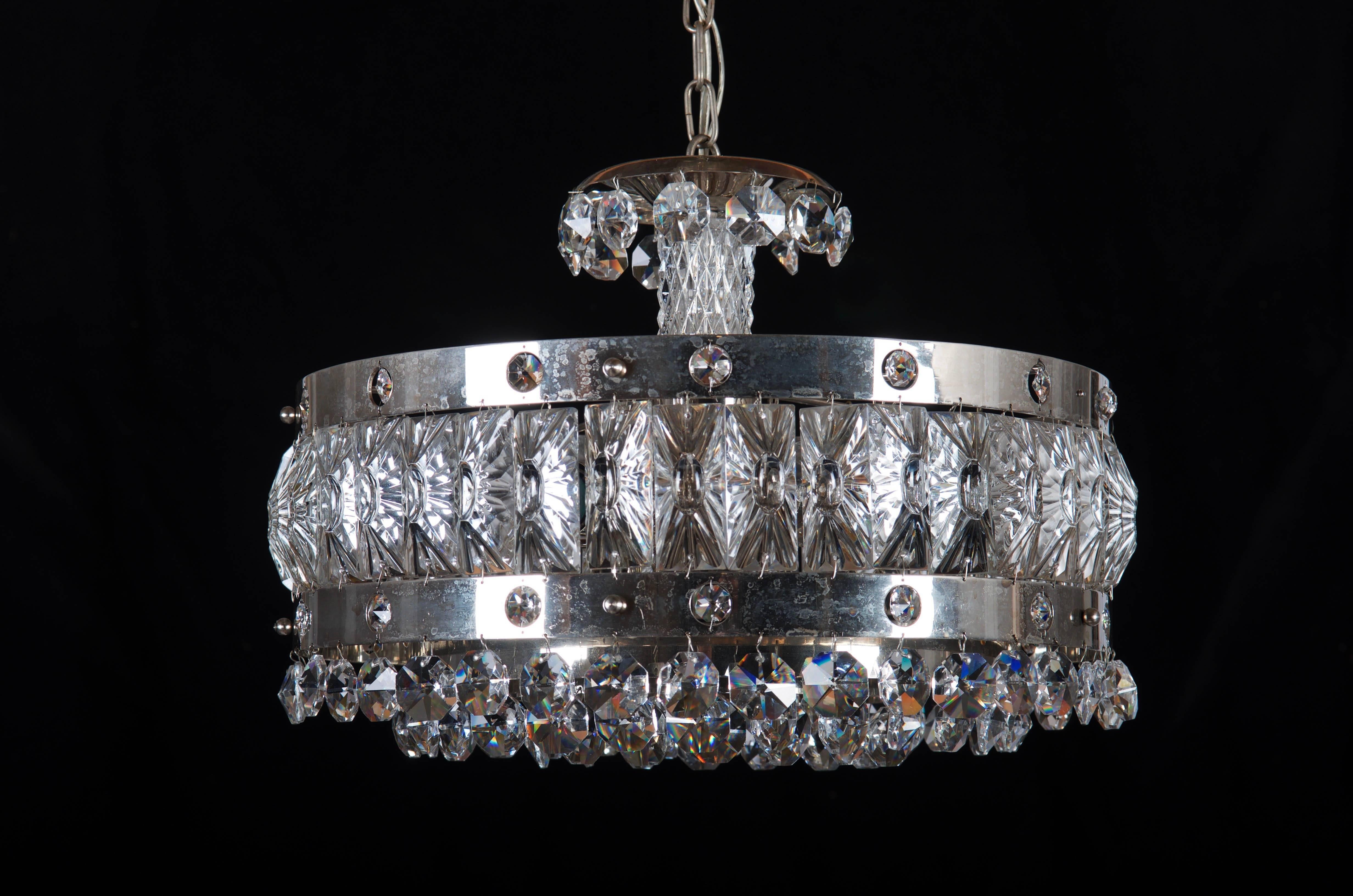 Brass Midcentury Crystal Chandelier For Sale