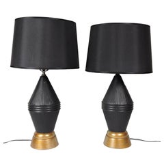 Pair of Mid-Century Modern Black and Gold Patinated Metal Table Lamps