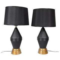 Pair of Mid-Century Modern Black and Gold Patinated Metal Table Lamps 9