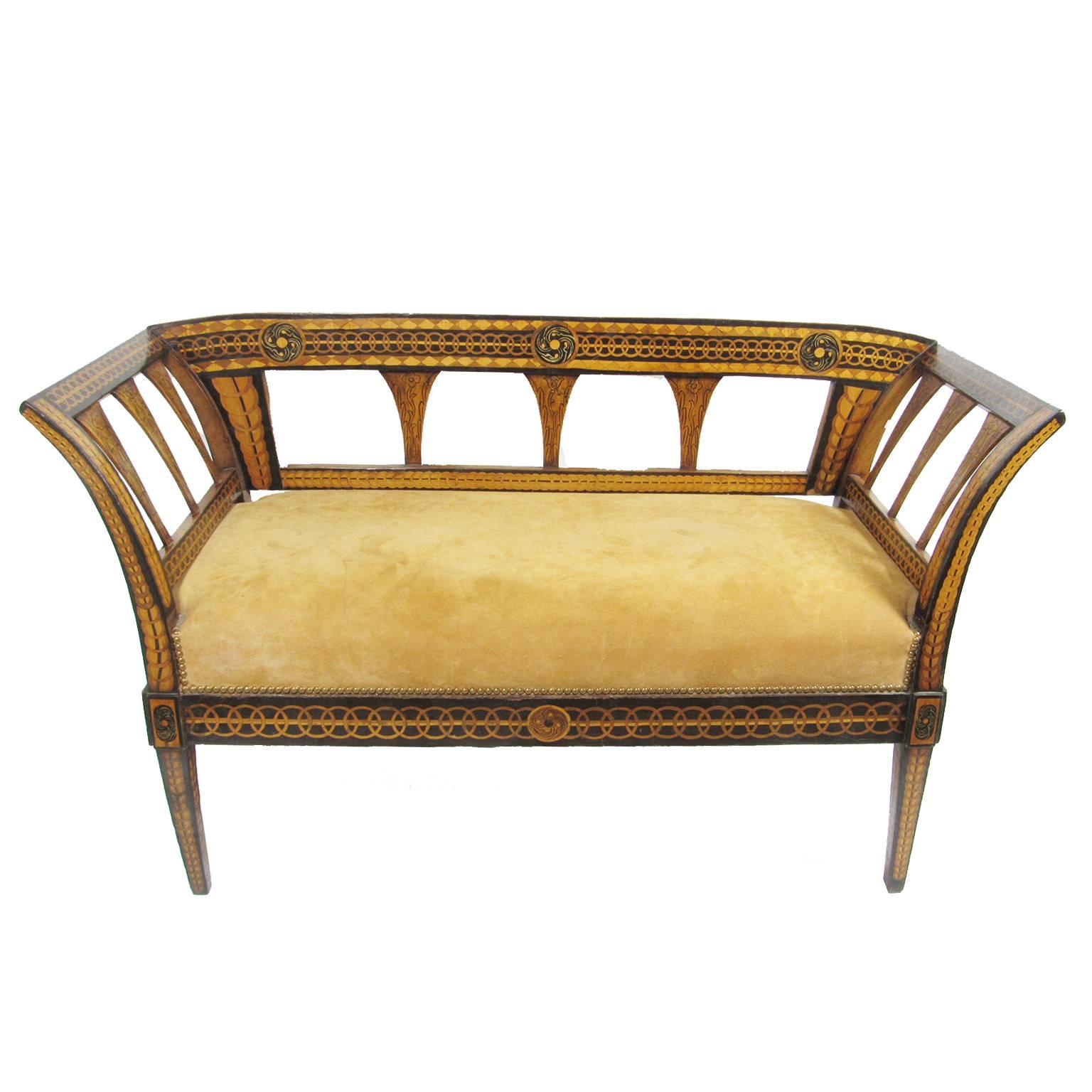 Antique Biedermeier Inlaid and Paint Decorated Fruitwood Settee