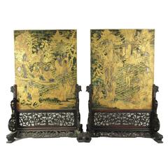 Antique Pair of 19th Century Chinese Gilt Decorated Spinach Green Jade Table Screens