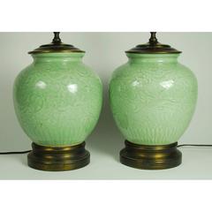 Pair of Antique, 19th Century Chinese Celadon Porcelain Ginger Jar Form Lamps