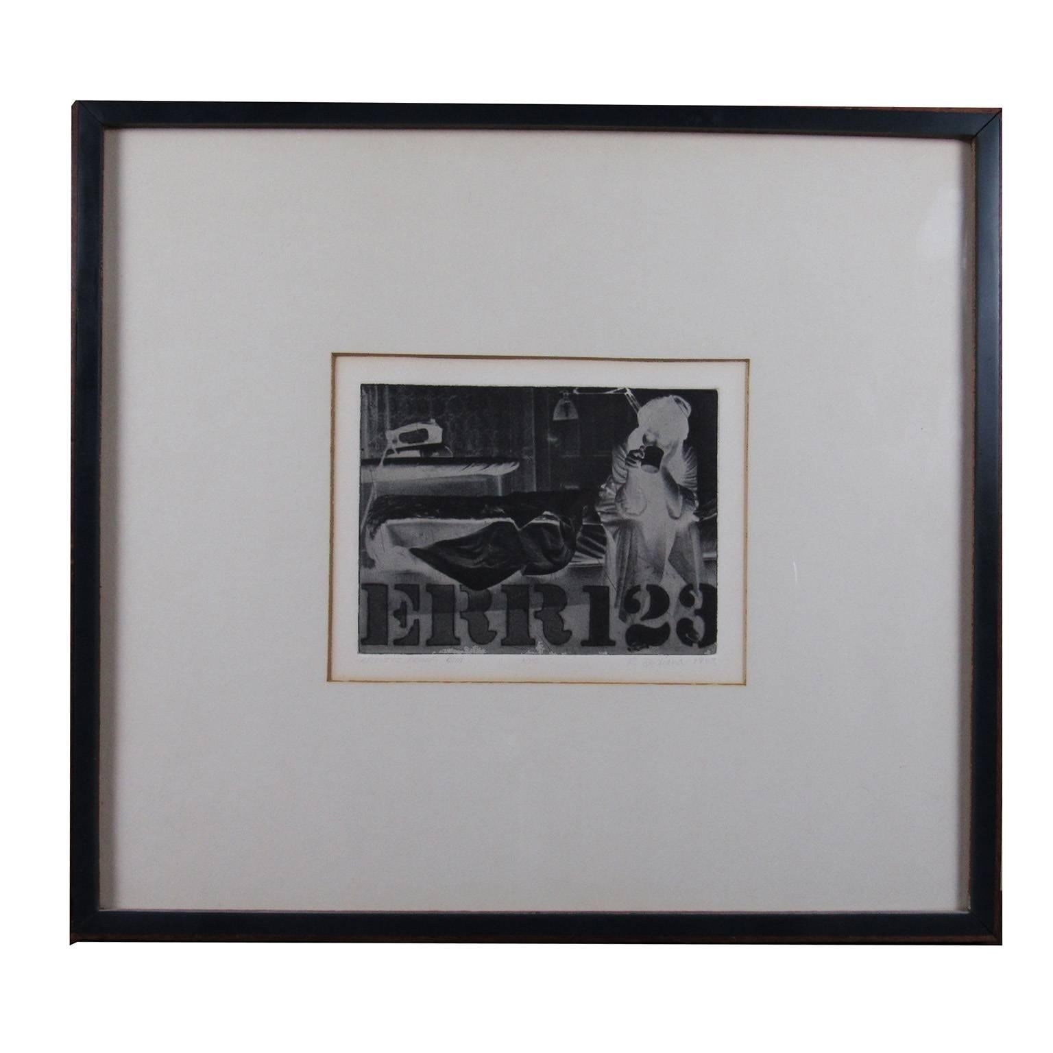 Robert Indiana (American, b. 1928)
ERR 123
Etching with photogravure
Signed and dated R. Indiana 1963 lower right, Inscribed Artist Proof E/M lower left. Dedicated on back: My Best Many Thanks, Eleanor, Elmer, RI'64, bears Dain/Schiff label on