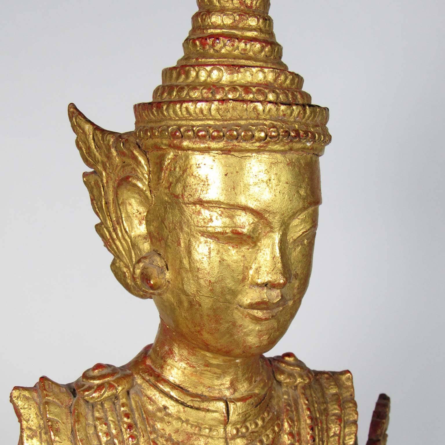 19th Century Antique Thai Gilt Wooden Figure of a Standing Buddha For Sale