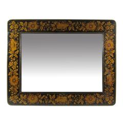 Antique American Black Painted Mirror with Gold Floral Stencil Design