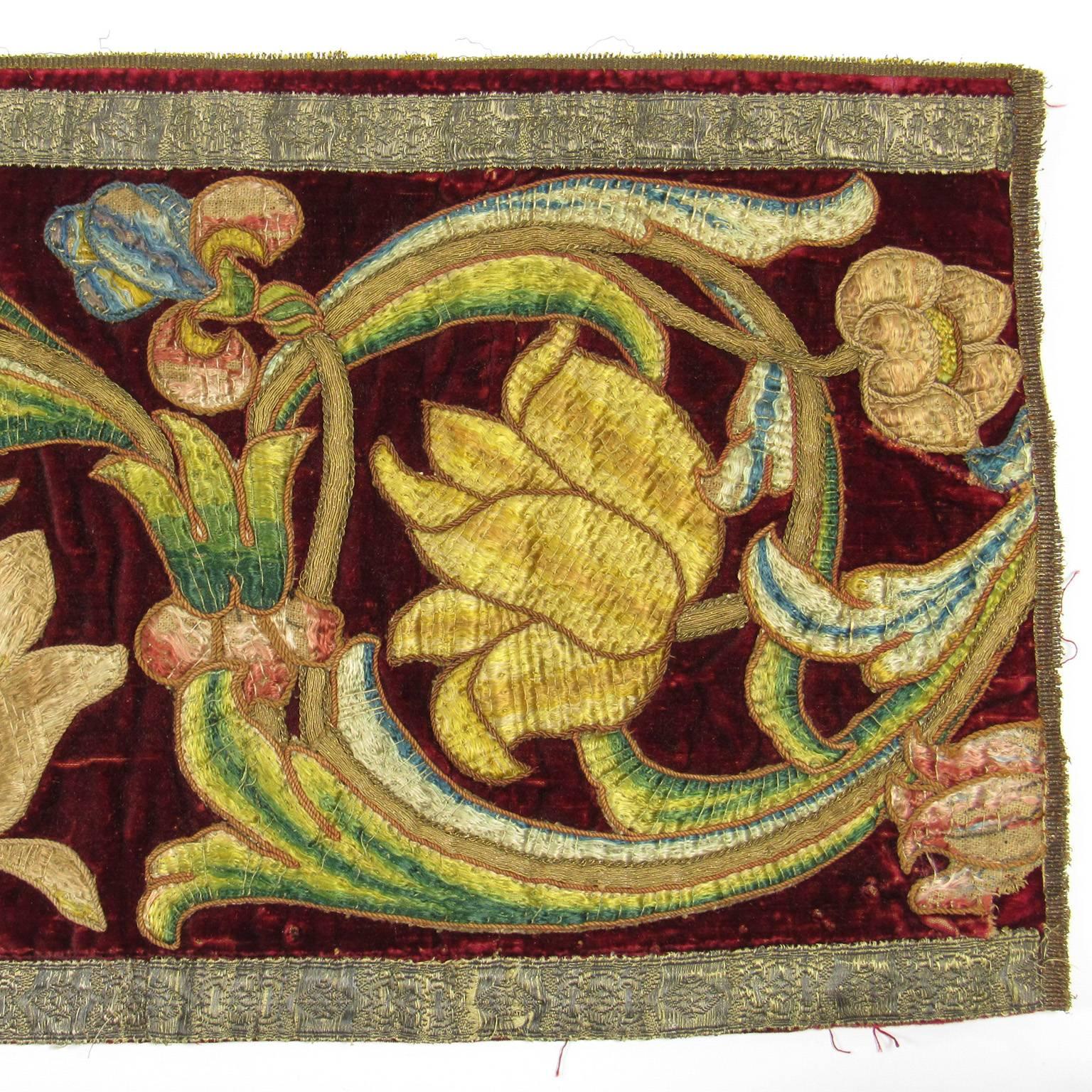 European Antique Continental Renaissance Style Floral Embroidered Textile For Sale