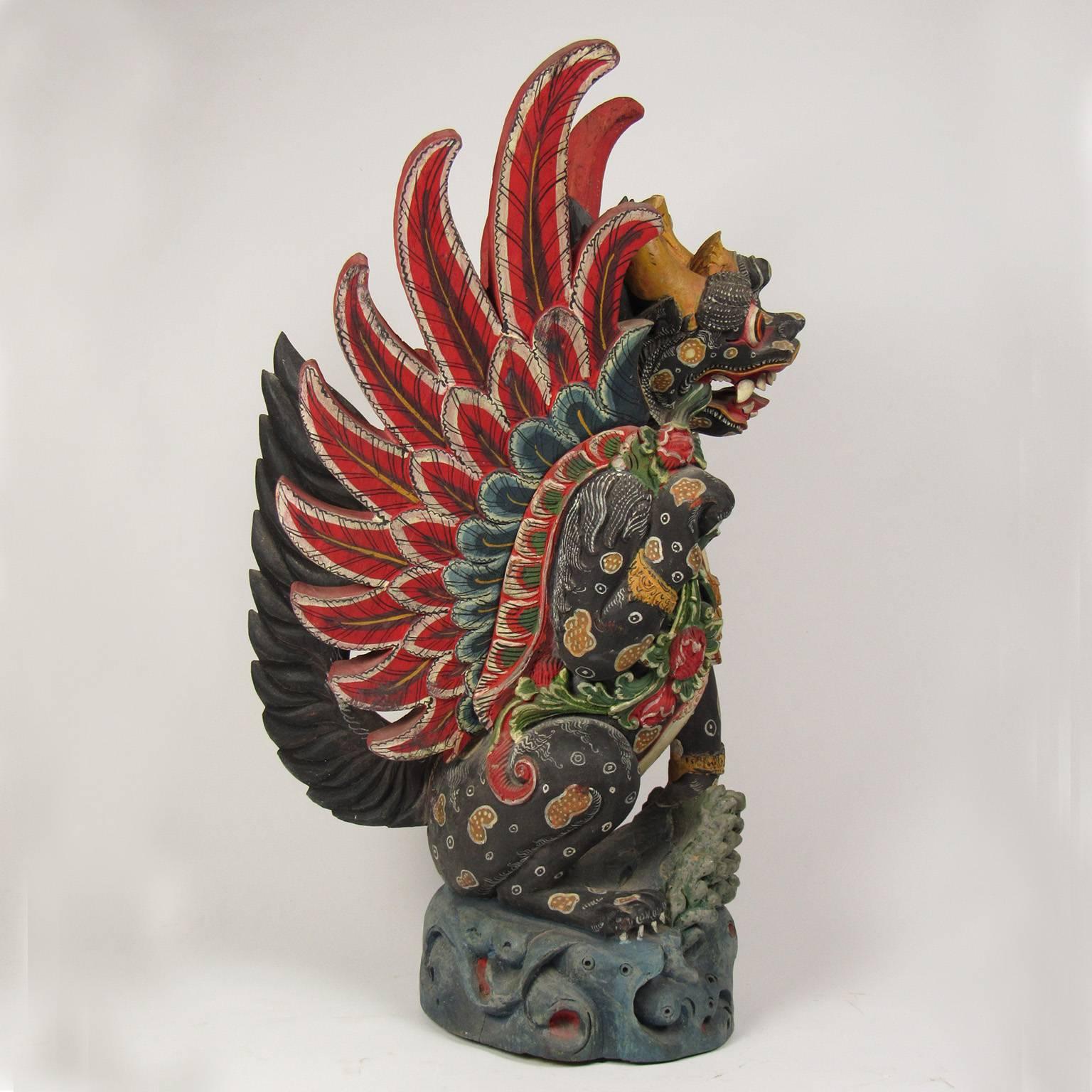 Early 20th Century Balinese Carved and Polychromed Wood Singa ‘Winged Lion’ In Good Condition In Concord, MA