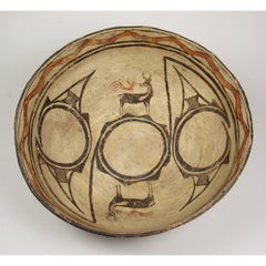 Antique Native American Zuni Polychrome Earthenware Bowl with Deer Decoration