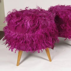 Pair of Turkish Mid-Century Modern Magenta Shag Ottomans
