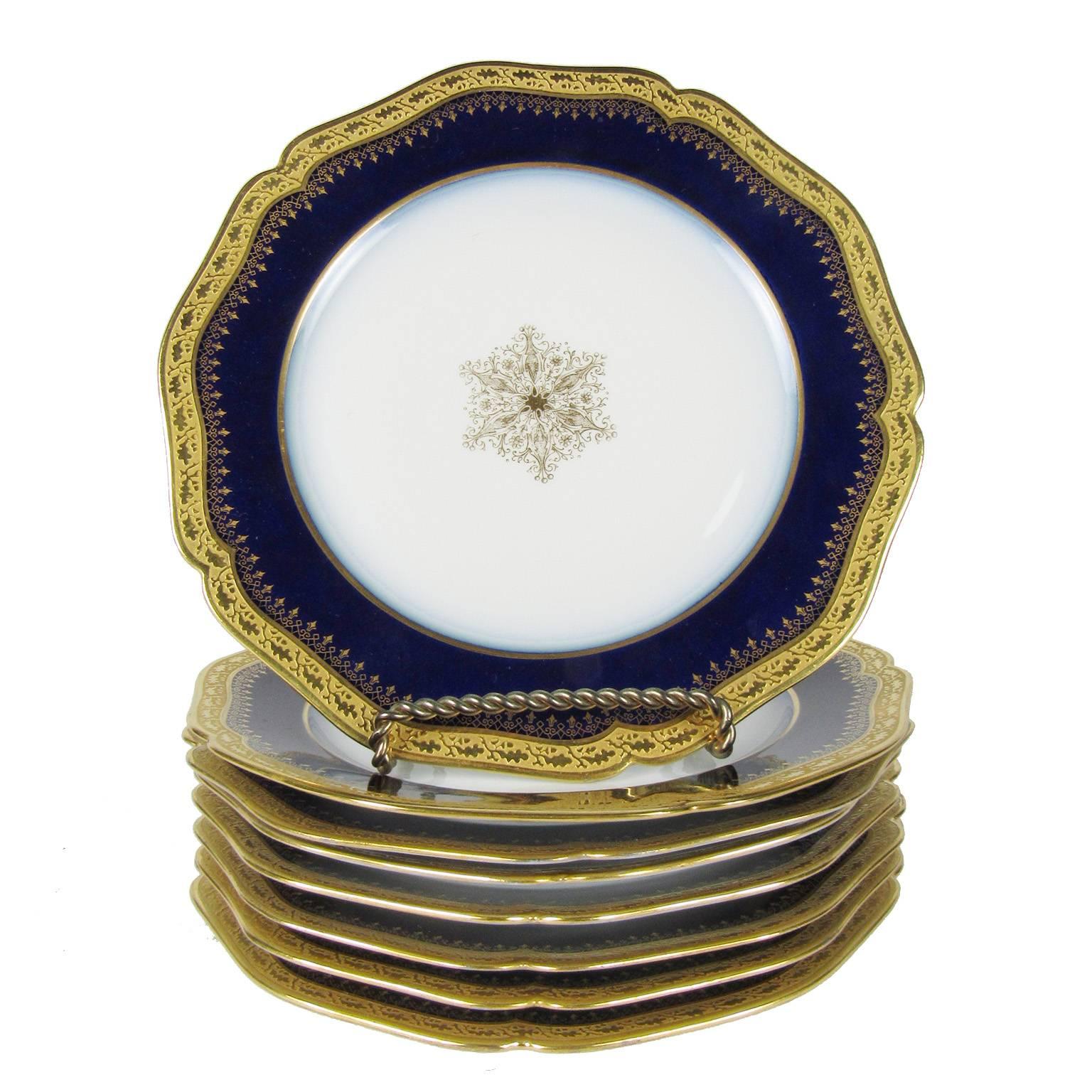 Set of Eight William Guerin Limoges Gold Edged Cobalt Blue Luncheon Plates