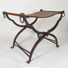 Arts & Crafts Wrought Iron and Leather Campaign Stool att. to Morgan Colt