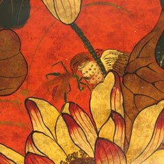 Asian Red Lacquer Low Table Decorated with Flora and Fauna