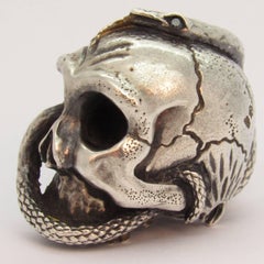 Antique Miniature Heavy Sterling Silver Skull with Snake Form Sculpture