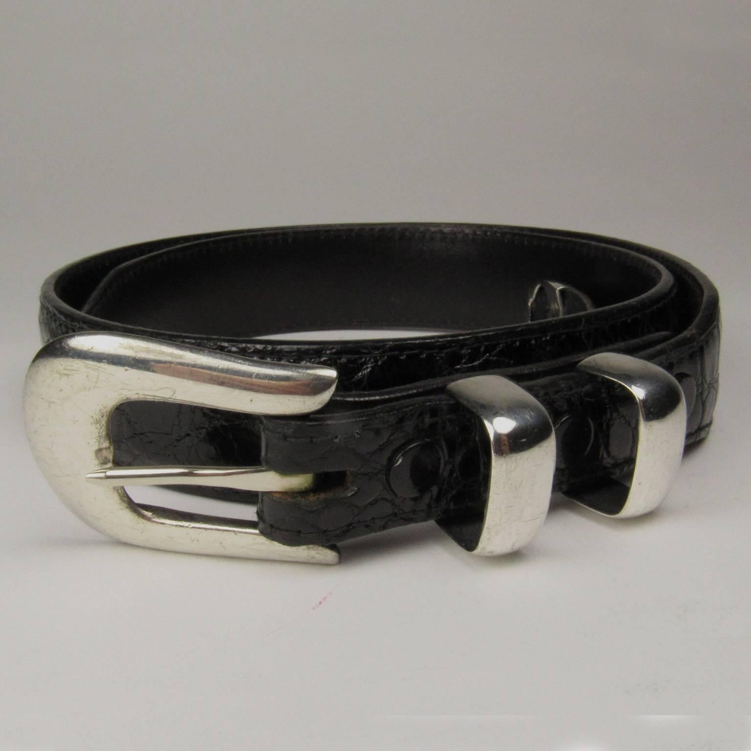 Billy Martin black alligator leather belt with Doug Magnus sterling silver buckle, belt marked 