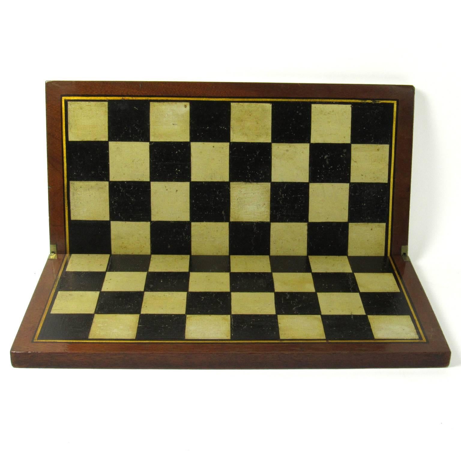 Hand-Painted Folk Art Antique Painted Mahogany Folding Chessboard Probably English For Sale