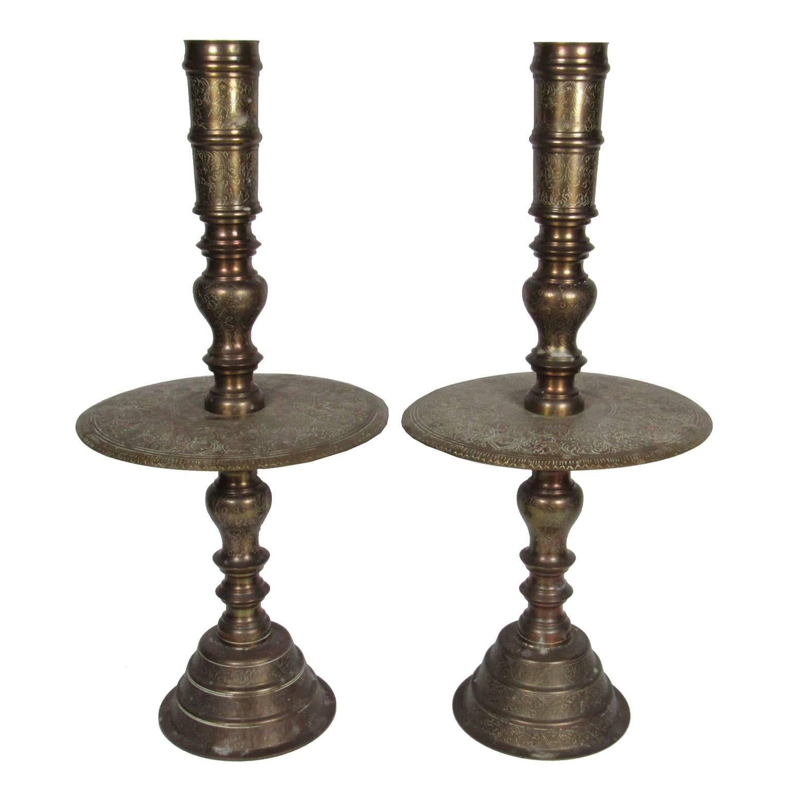 Large Pair of Vintage/Antique Indian Etched Brass Candlesticks For Sale