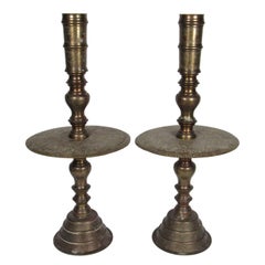 Large Pair of Antique/Antique Indian Etched Brass Candlesticks