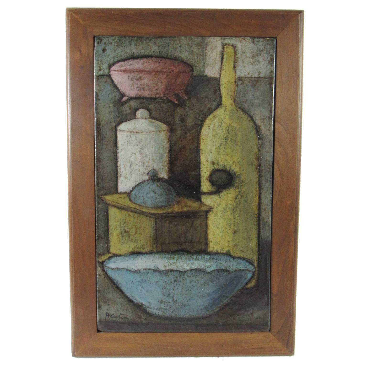 20th century modernist painted still life on ceramic, signed indistinctly lower left. Measures: 19 5/8 x 11 5/8 in.; framed: 24 x 15 3/4 in.