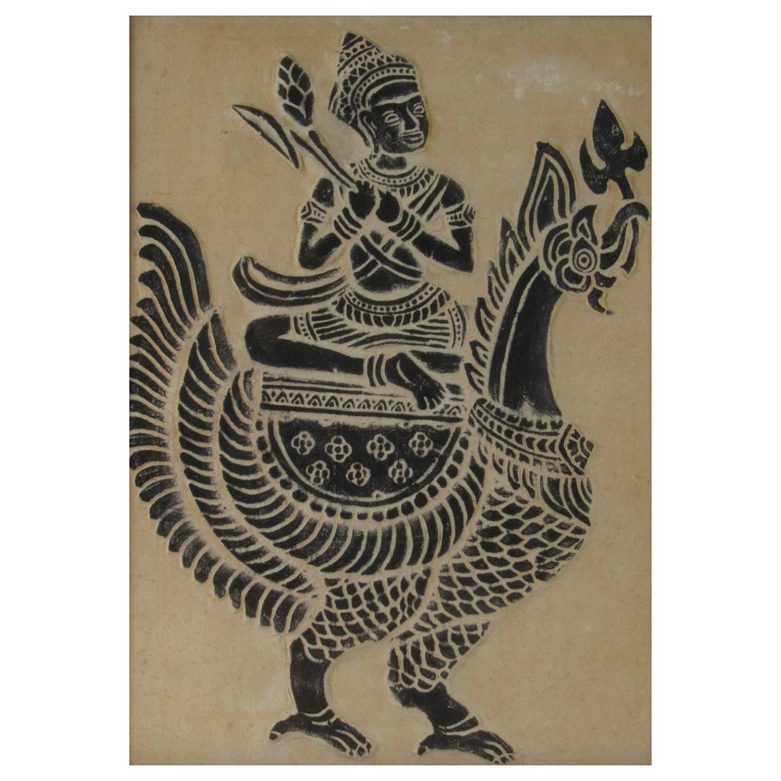 Thai temple rubbing on handmade paper with diety riding a rooster. Bears 