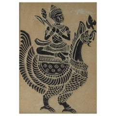 Thai Grave Rubbing on Handmade Paper with Diety Riding a Rooster