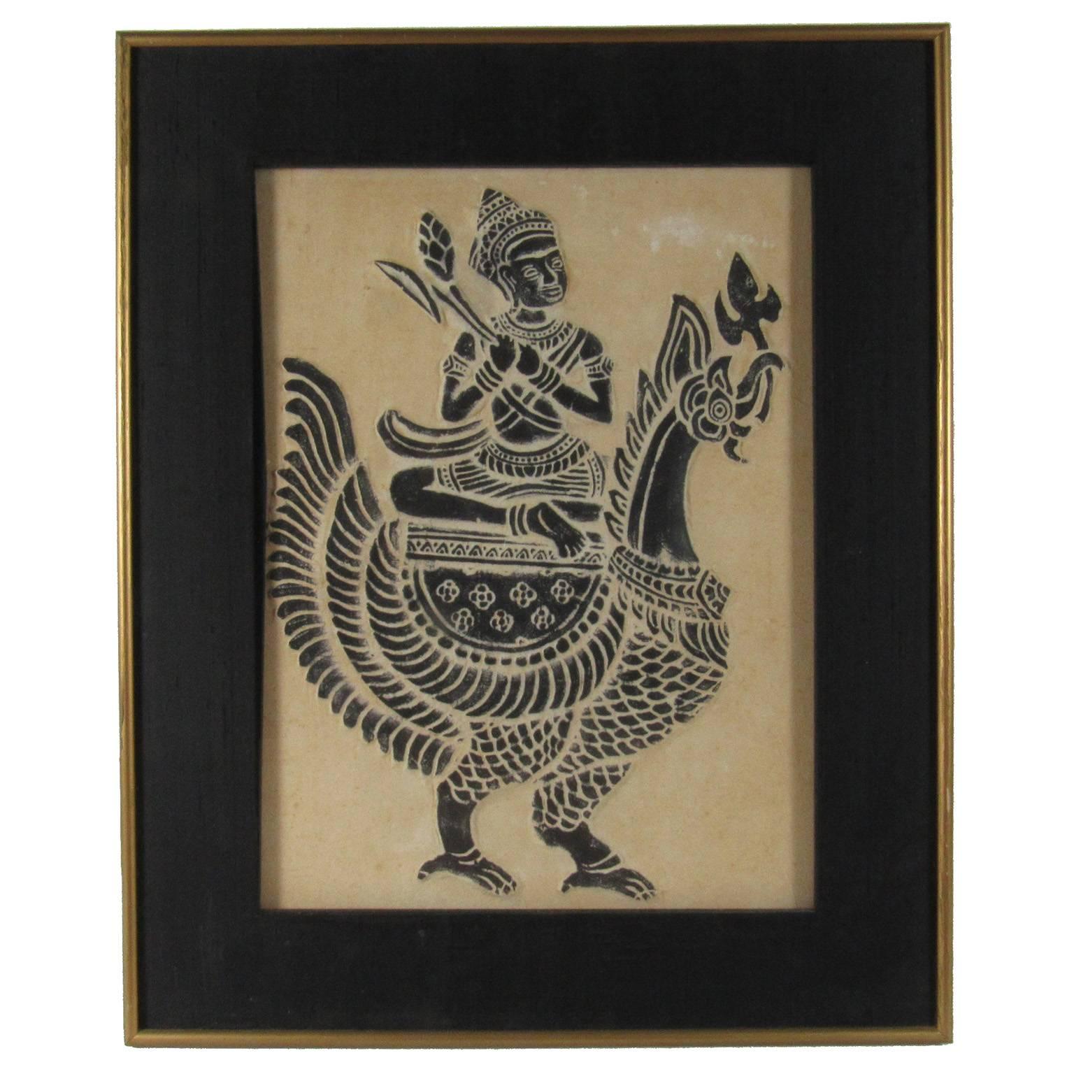 Thai Grave Rubbing on Handmade Paper with Diety Riding a Rooster