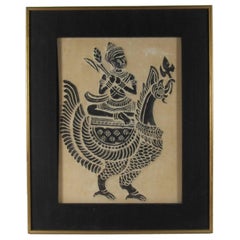Vintage Thai Grave Rubbing on Handmade Paper with Diety Riding a Rooster
