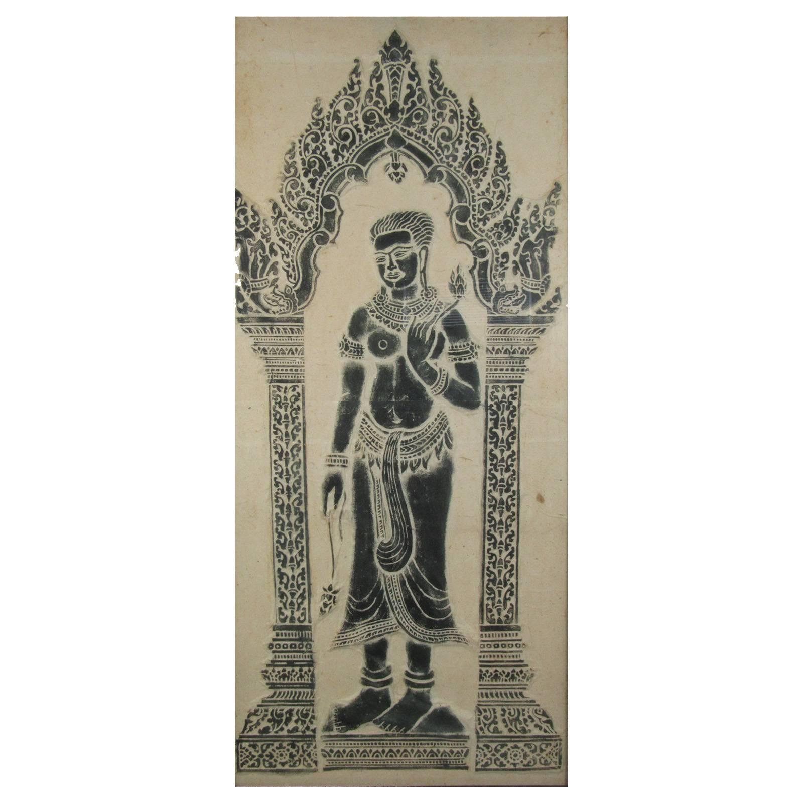 Thai temple rubbing on handmade paper of woman standing in archway. Bears 