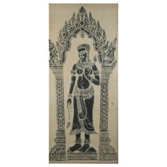 Large Thai Temple Rubbing on Handmade Paper of Woman Standing in Archway