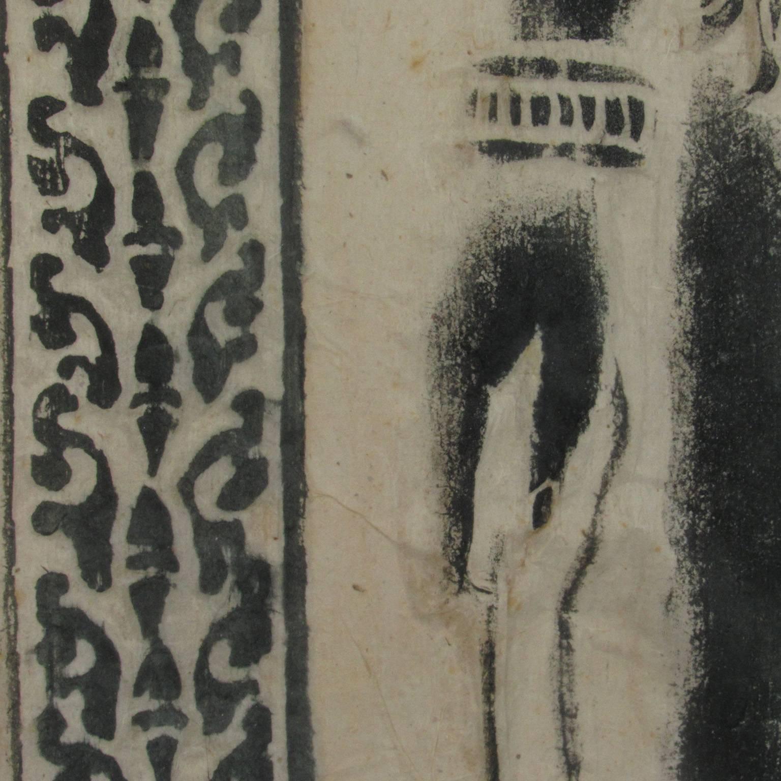 Large Thai Temple Rubbing on Handmade Paper of Woman Standing in Archway In Good Condition In Concord, MA