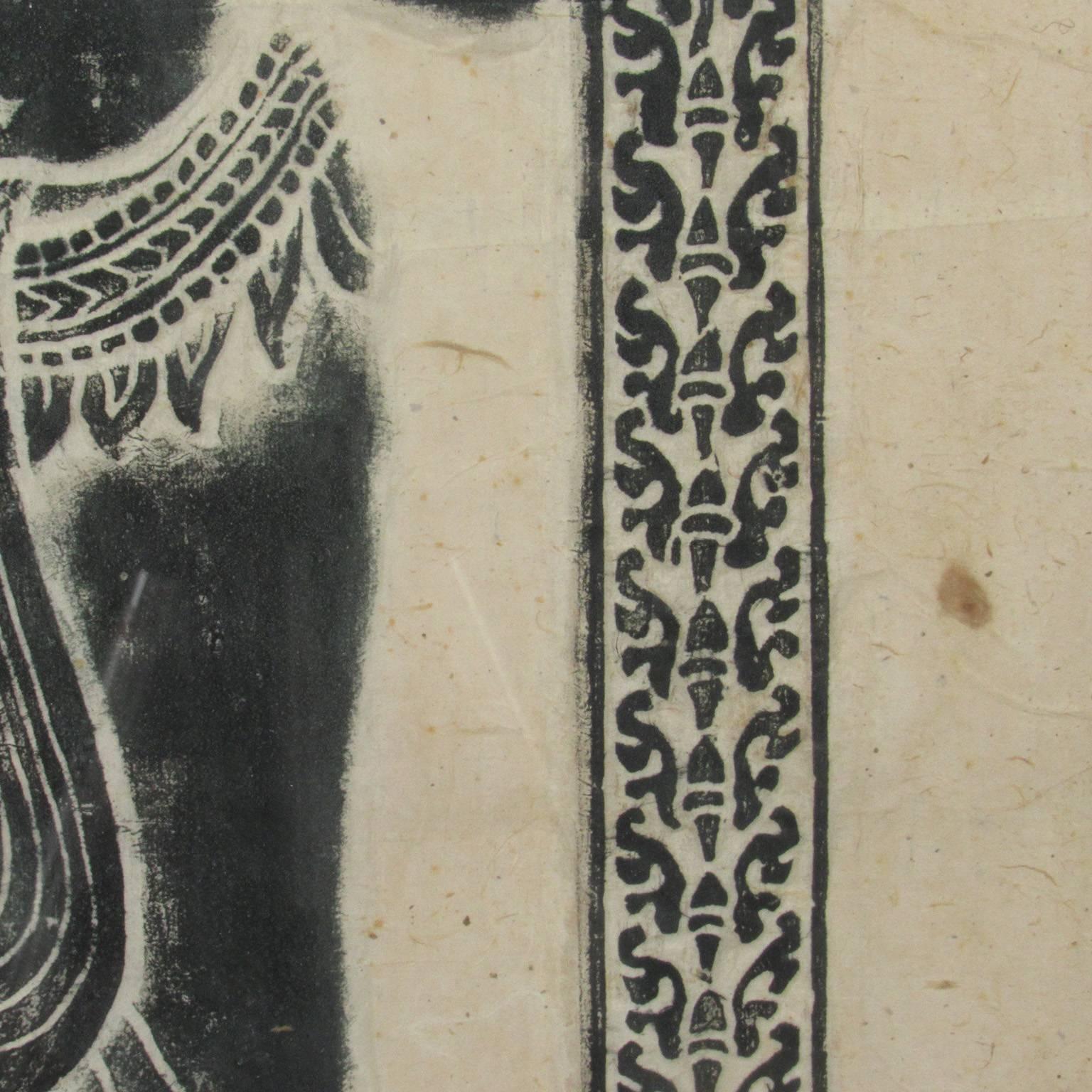 Large Thai Temple Rubbing on Handmade Paper of Woman Standing in Archway 1