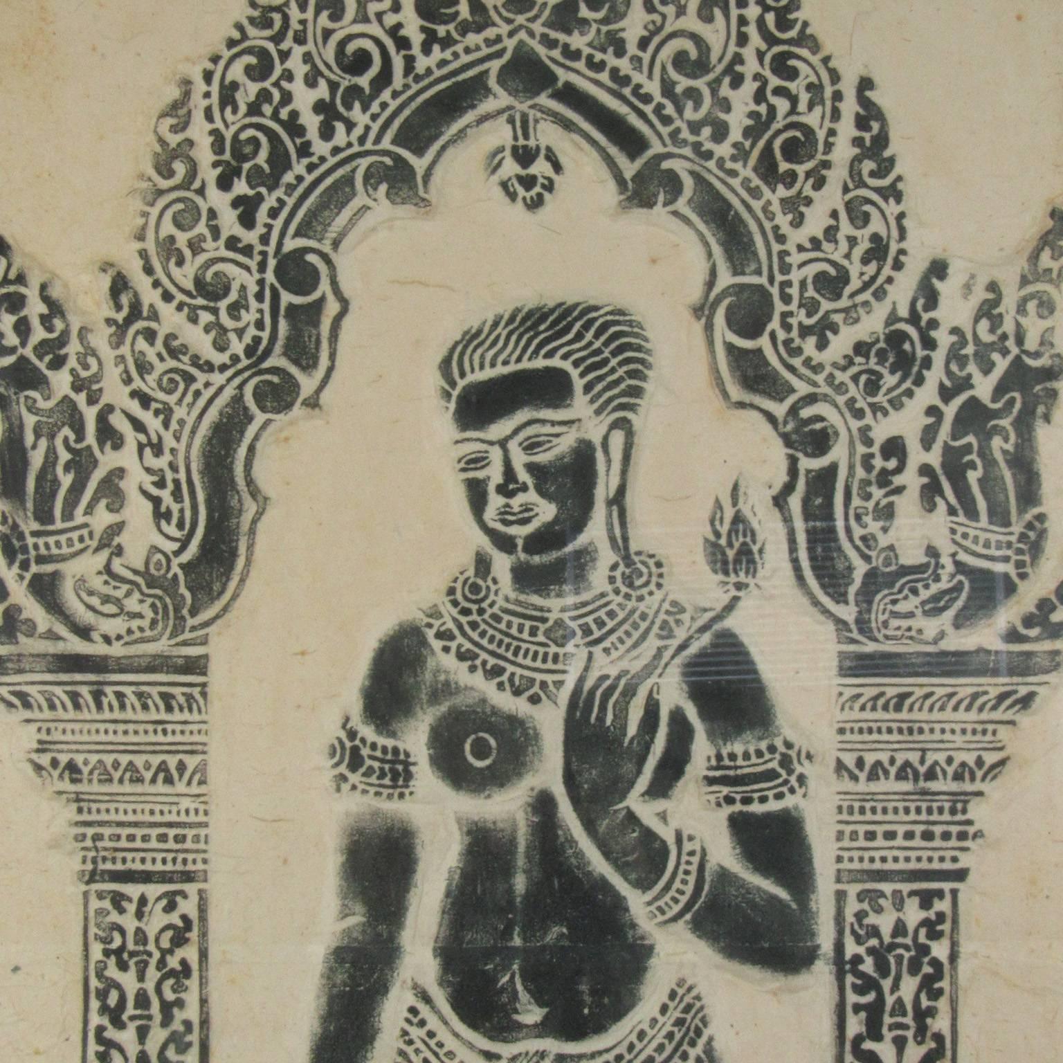 20th Century Large Thai Temple Rubbing on Handmade Paper of Woman Standing in Archway