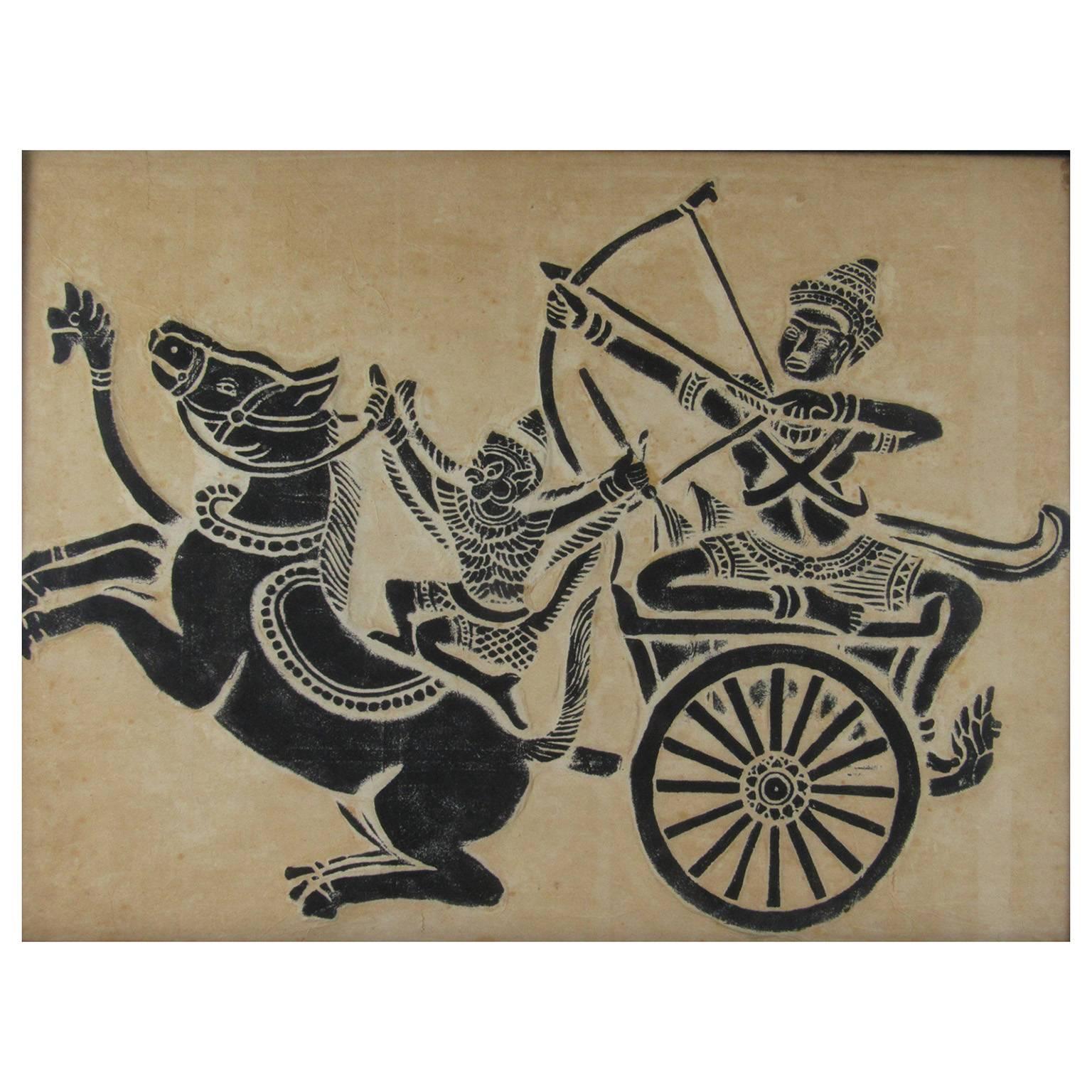 Thai temple rubbing on handmade paper depicting warriors in a chariot. Bears 