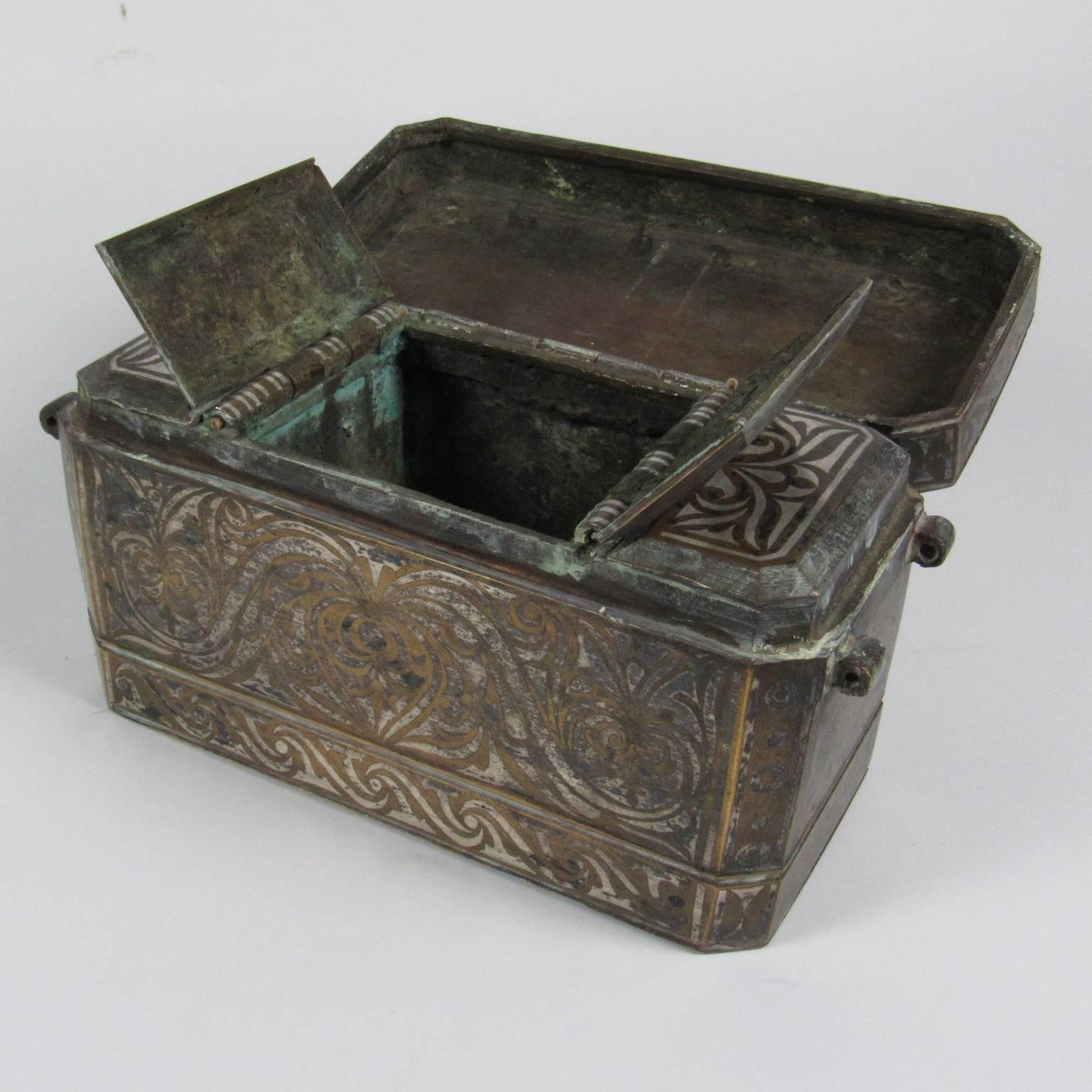 Spanish Colonial Three Antique Graduated Silver and Bronze Inlaid Betel Nut Boxes
