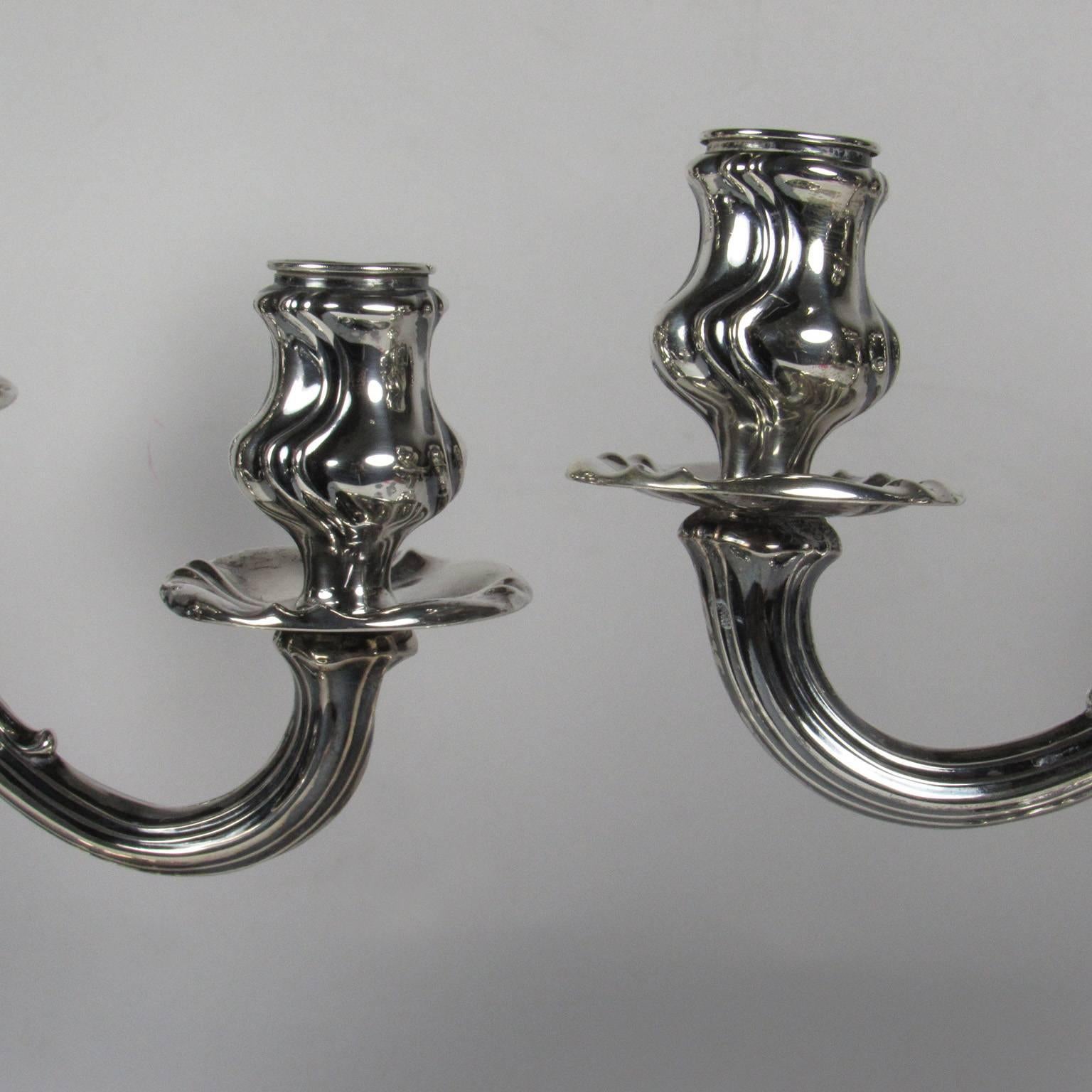 Pair of Otto Wolter Art Nouveau German 800 Silver Five-Light Candelabra In Good Condition In Concord, MA