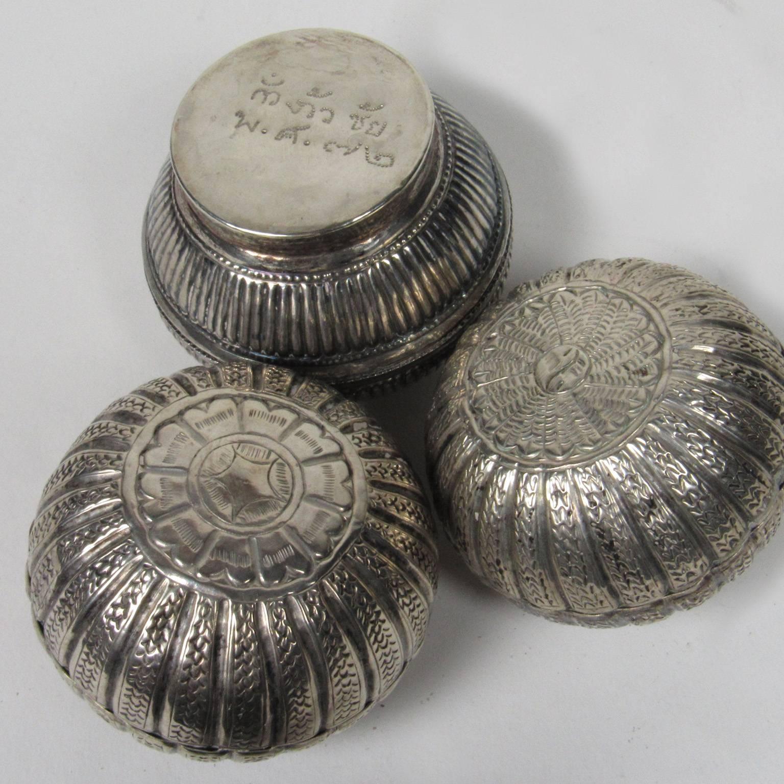 20th Century Three Vintage Burmese Silver Betal Nut Boxes