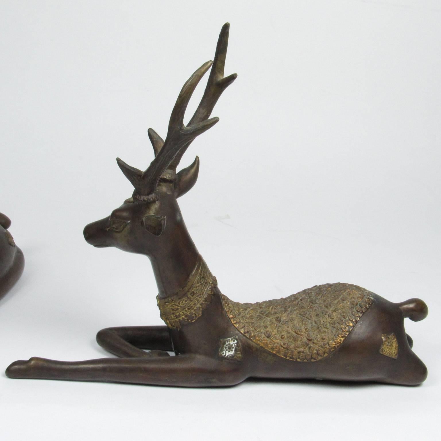 20th Century Pair of Antique Southeast Asian Bronze Reclining Deer For Sale