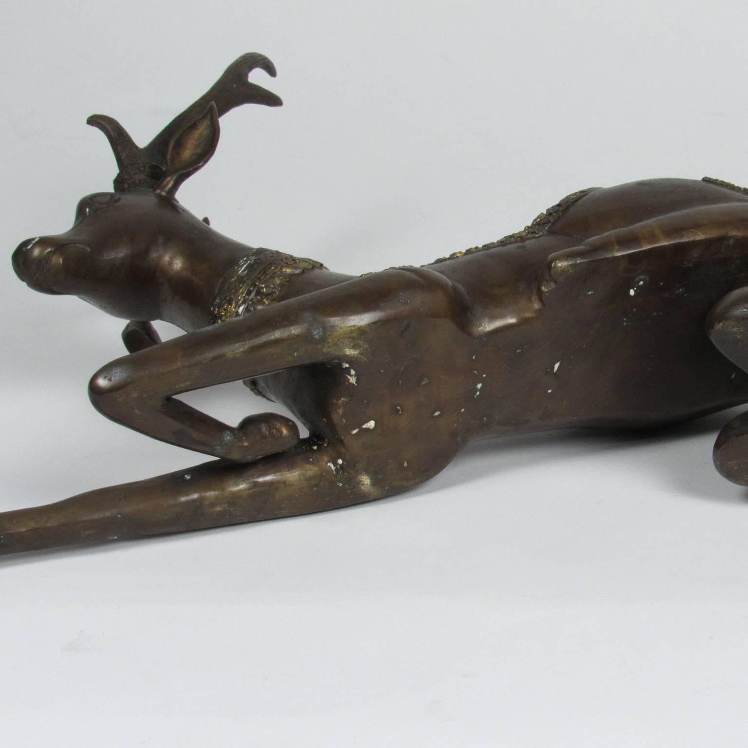 Pair of Antique Southeast Asian Bronze Reclining Deer For Sale 1