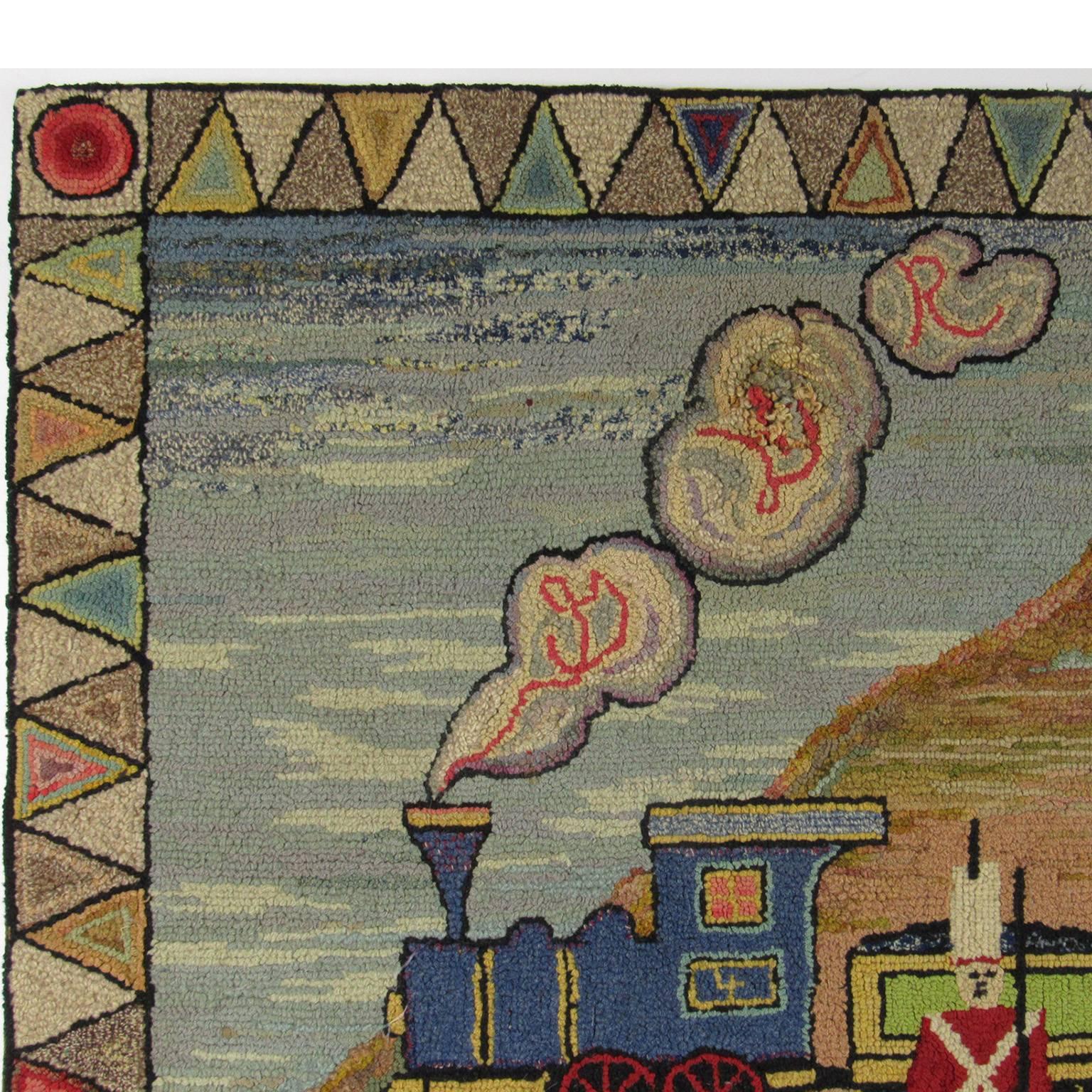 American Folk Art "Animal Train" Hooked Rug, late 19th/early 20th century.  A whimsical rug perfect for a child's room or nursery, depicting a toy soldier standing in front of a train pulling cars filled with exotic animals through a