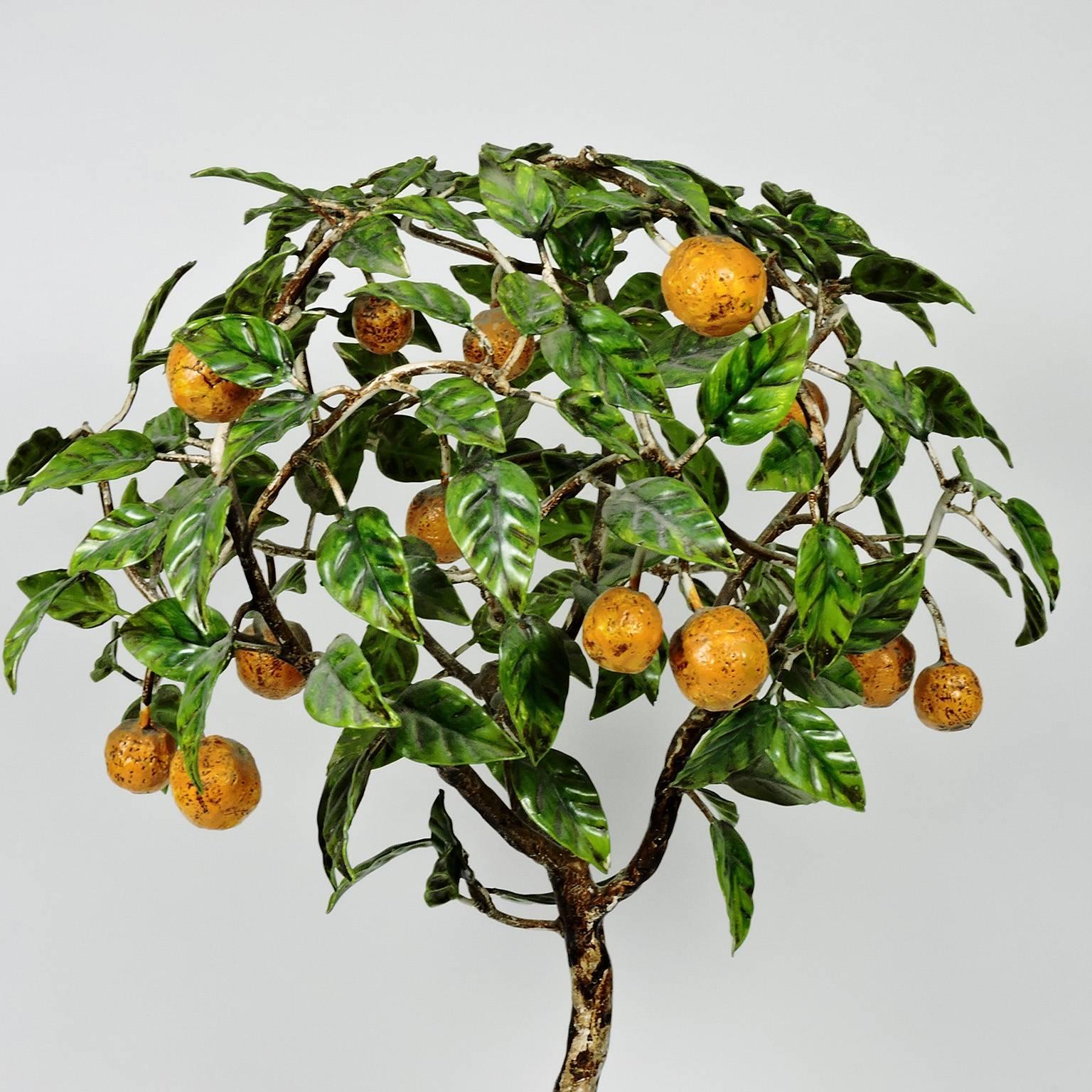 Vintage Italian tole painted metal orange tree topiary, with 